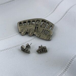 Vtg Silver School Bus Brooch and Earrings Set